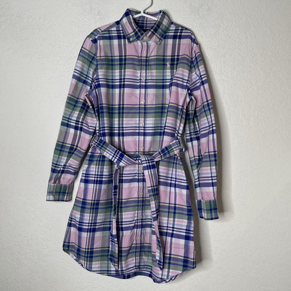 Ralph Lauren Long Sleeve Button Down Plaid Dress Girls Sz 8 Multicolor Belted